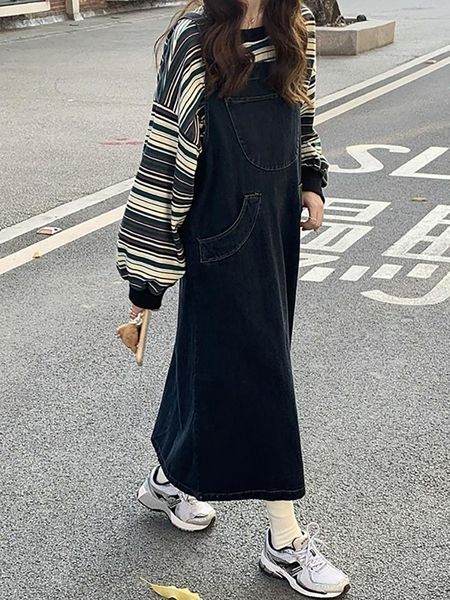 

women's jeans autumn korean 2021 age reducing loose denim suspender skirt medium and long work dress, Blue