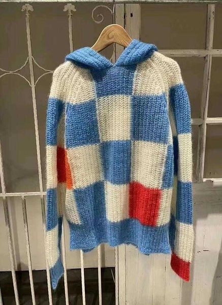 

xiaozhongchao brand 2021 autumn winter new loose lazy style color matching chessboard hooded long sleeved women's sweater, Black