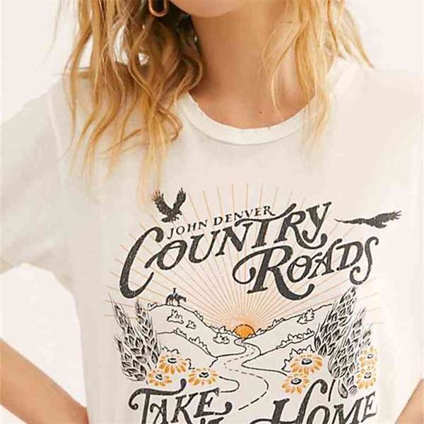 

boho inspired white summer t-shirt tee round neck short sleeve graphic print t shirts women casual chic summer 210330
