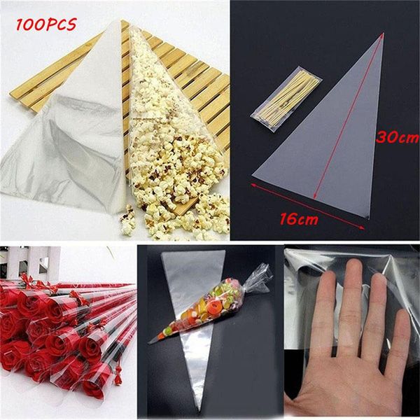 

100pcs/set clear cellophane packing bag transparent cone candy for diy wedding birthday party favors popcorn plastic gift wrap