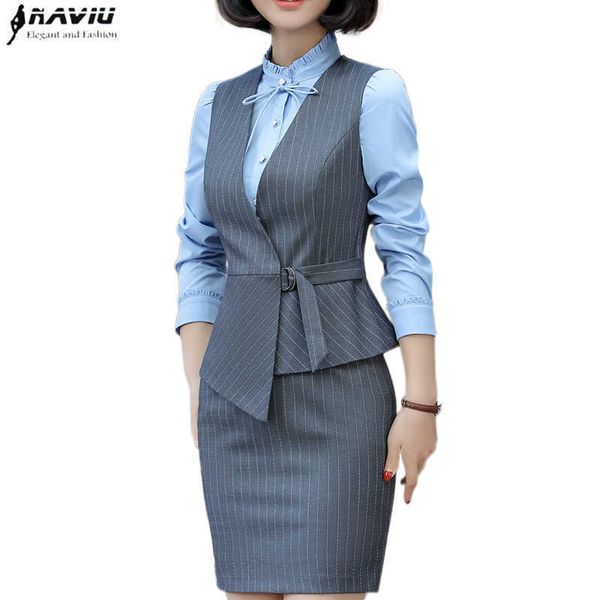 Naviu Fashion and Elegant Women Skirt Vest Suit Summer Short Work Wear Due pezzi Set Office Ladies Abiti a righe formali 210604