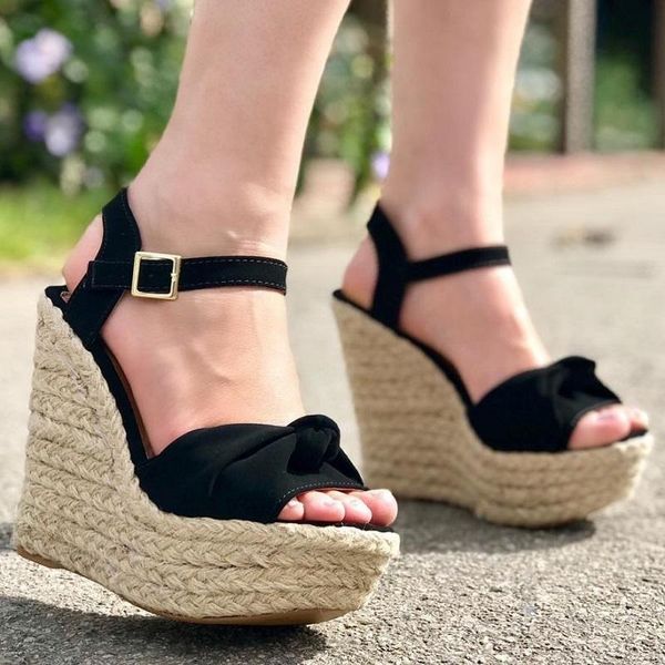 

summer women high heels sandals open toe platform gladiator espadrille shoes ladies wedges buckle strap roman, Black