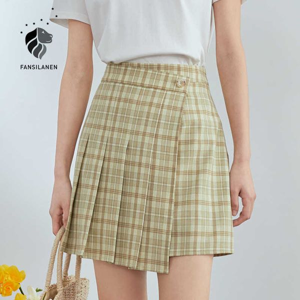 

fansilanen office lady plaid retro jk short skirt women summer a-line high waist light green pleated clothes 210607, Black