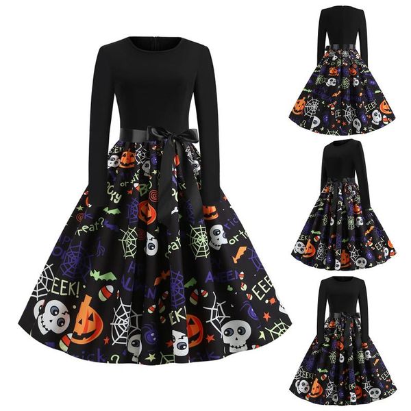 

casual dresses women vintage dress halloween pumpkin skull ghost printed female long sleeve v-neck cosplay costume vestido, Black;gray