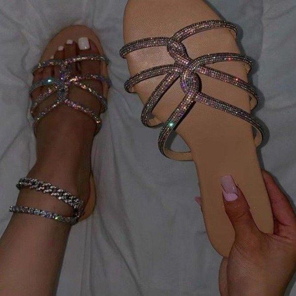 

slippers 2021 summer rhinestone flat sandals fairy style women's shoes cross strap beach a849, Black