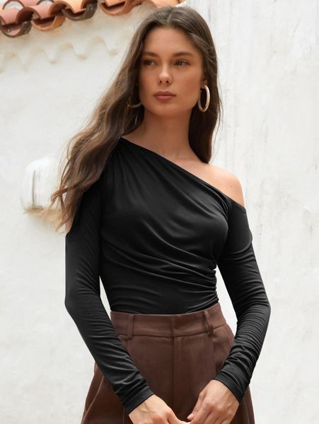 

asymmetrical neck ruched tee t2cg#, White