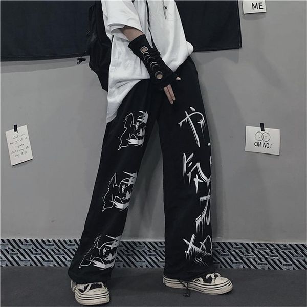 

qweek japanese anime print sweatpants women vintage streetwear oversize wide leg pants jogging casual trousers female mall goth 210925, Black;white