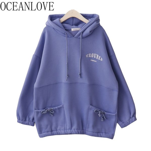 

autumn winter sudadera embroidered letters purple hooded sweatshirts fleece front pocket woman hoodies 19184 210415, Black