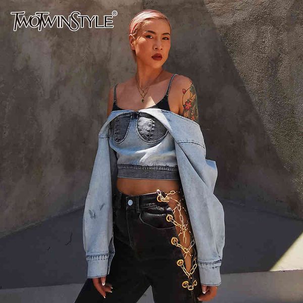 

backless jacket for women slash neck lantern sleeve patchwork sling denim short female autumn 210524, Black;brown