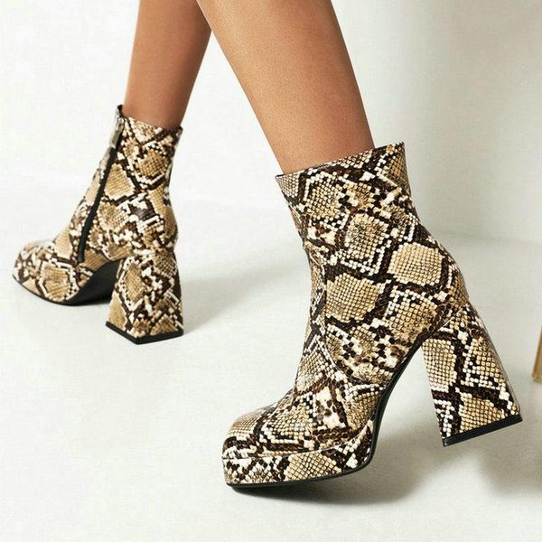 

boots 2021 women ankle platform thick high heel ladies short pu leather snake print square toe zipper women's brown, Black