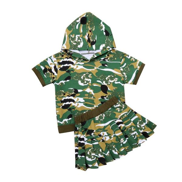 

clothing sets summer children fashion girls clothes camouflage short sleeves hooded + pleated skirt 2pcs kids sport suit, White