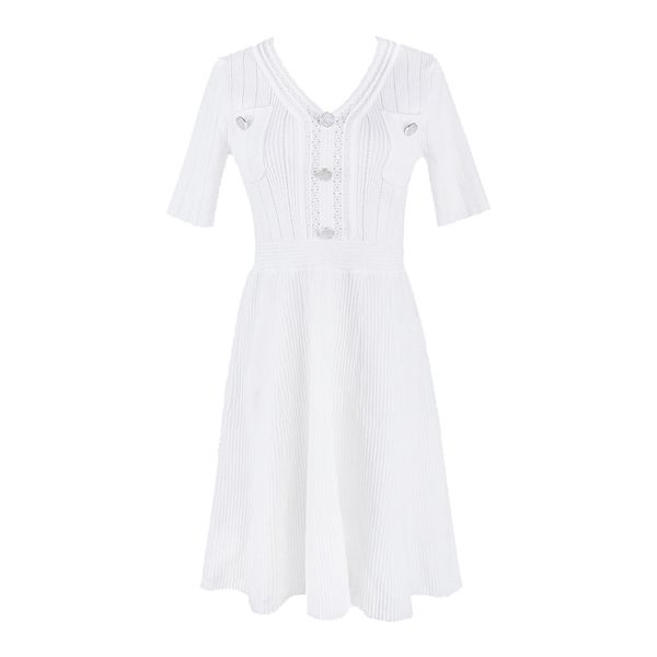 

white black knitted v neck fit and flare short sleeve mini dress pocket button solid elegant women d1022 210514, Black;gray
