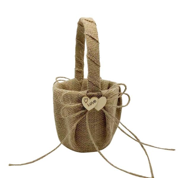

wedding flower girl basket vintage rustic style bowknot double wood heart design burlap hessian gift wrap