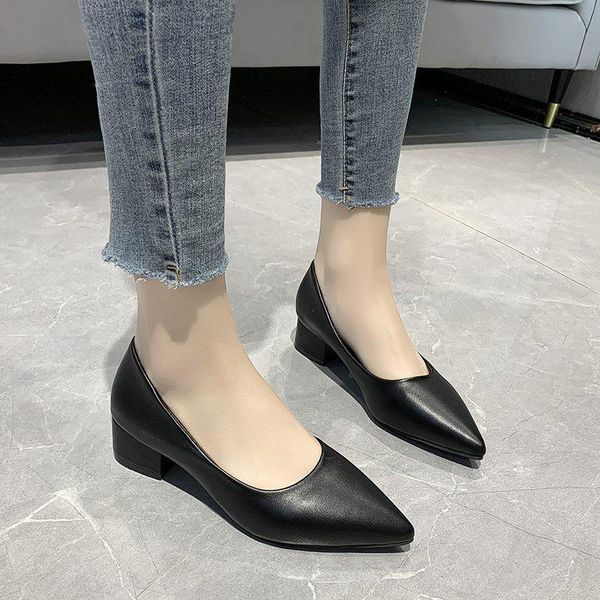 

dress shoes mid heel women 2021 elegant office leather ladies square pointed toes vintage sandals pumps plus size 42, Black