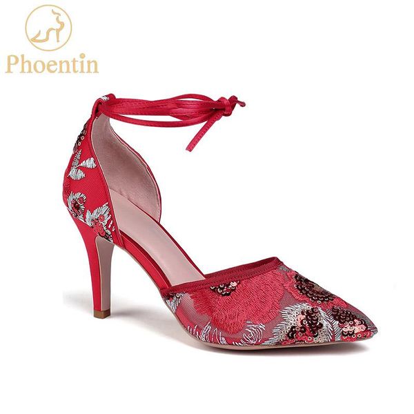 

dress shoes phoentin embroidery women's luxury flower wedding thin high heel mesh ankle lace up female shoe pointed toe ft858, Black