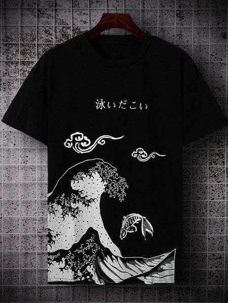 

men japanese letter & wave print tee q0r2#, White;black