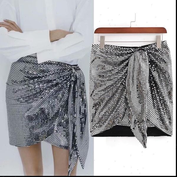 

za fashion high mini vintage women skirts shiny pleated bandage lrregular elegant office lady, Black