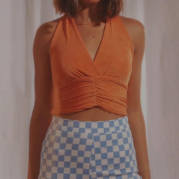 

women's tanks & camis solid color slim cropped tank female summer wild sleeveless backless lace-up halter wrapped chest ruched waist b, White