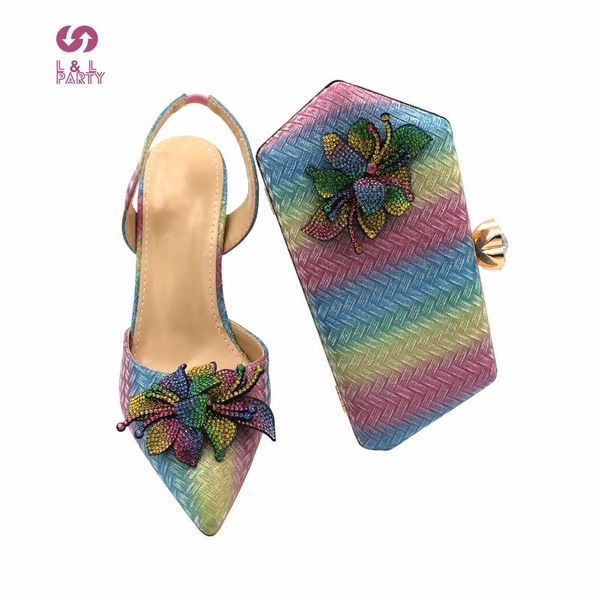 

dress shoes 2021 design rainbow color matching and bag set in heels african multi pointed toes pumps for party, Black