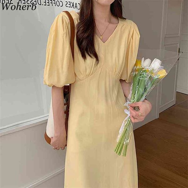

summer korean elegant puff sleeve dress women short v-neck sweet long midi dresses vestidos femme robe 210519, Black;gray