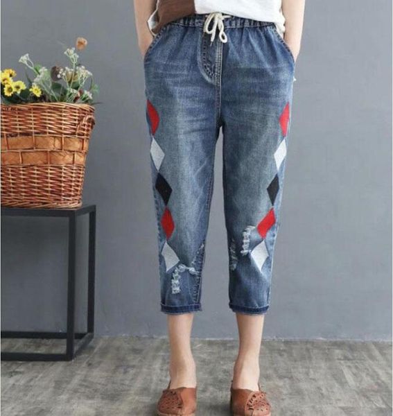 

casual high waist jeans mujer loose ripped denim trouser women calf-length literary plus size argyle embroidery harem pants 2021 women', Blue