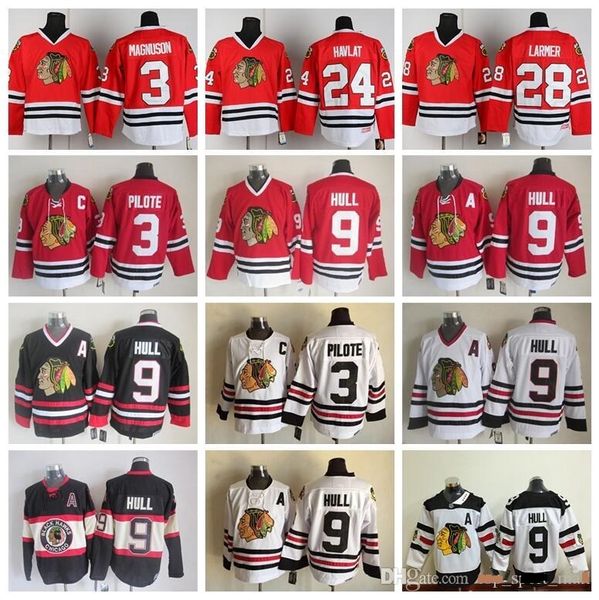 

Men 9 Bobby Hull Jersey Hockey Chicago Blackhawks Vintage CCM 3 Pierre Pilote 24 Martin Havlat 28 Steve Larmer Red White Black, Colour 1