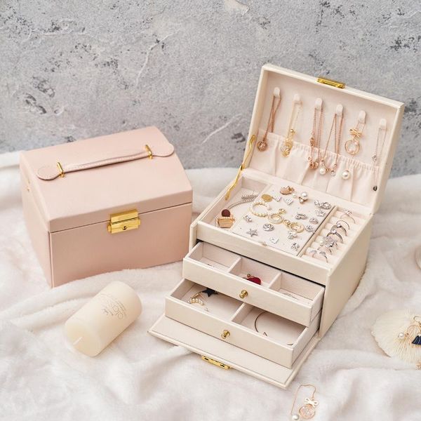 

jewelry pouches, bags leather storage box organizer water proof dust-proof three layers boxes display stand drawer suitcase carrying cases, Pink;blue