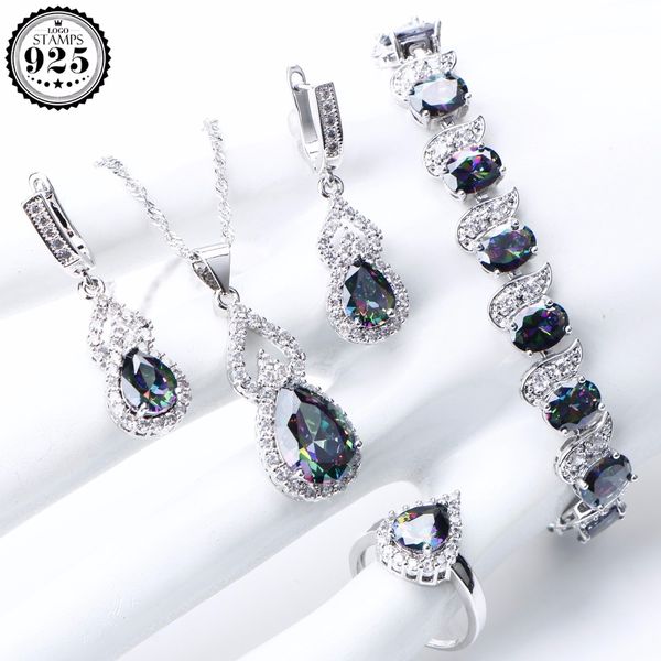 

natural rainbow jewelry sets 925 sterling silver stones wedding earrings for women stones bracelet necklace rings set gifts box, Black