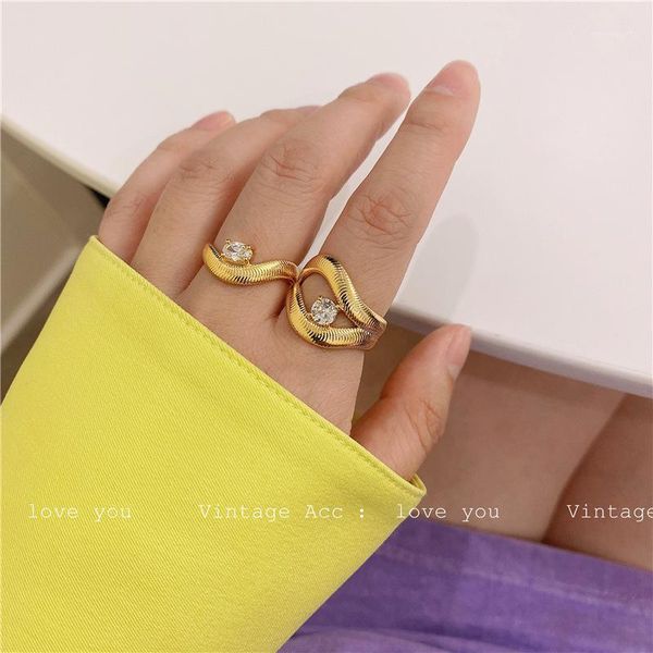 

wedding rings geometric wave metal women open simple zircon crystal knuckle korean vintage fashion ring1, Slivery;golden