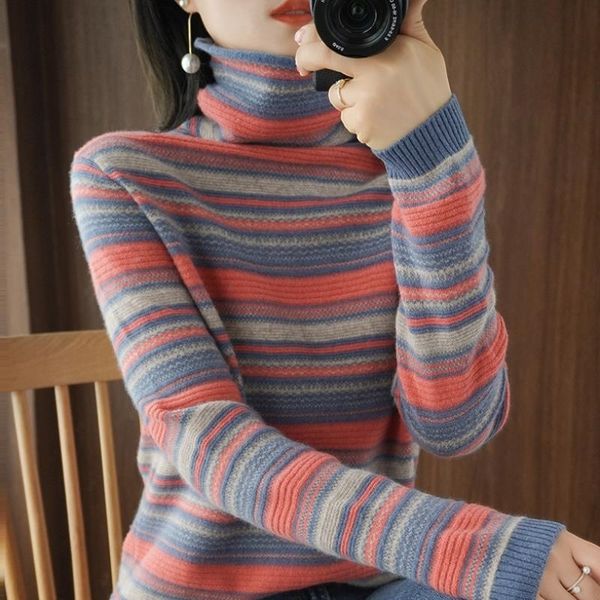 

new loose striped sweaters in autumn and winter with high neck knitwear inside the pile collar women's blouse bottoming shirt, White;black