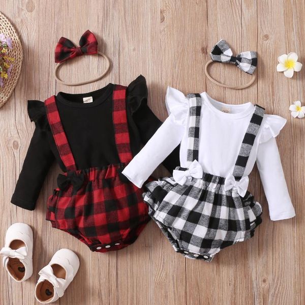 

clothing sets 2pcs 0-24months infant baby girls +plaid printed ruffles suspender shorts headbands outfits year gifts romper, White