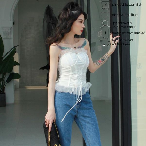 

getspring womens cami women crop ruffles bandage mesh black white off shoulder vintage summer
