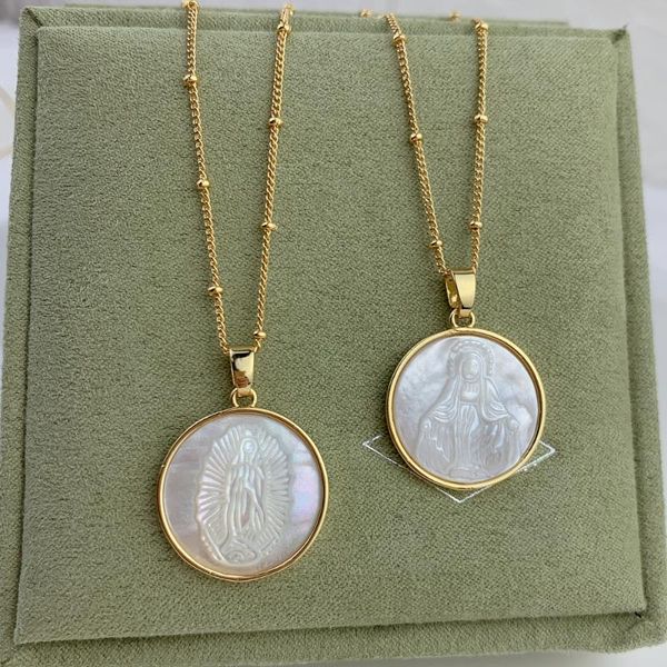 

pendant necklaces fashion mother of pearl shell round medal guadalupe virgin mary pendants necklace for women choker necklac 2021 luxury jew, Silver