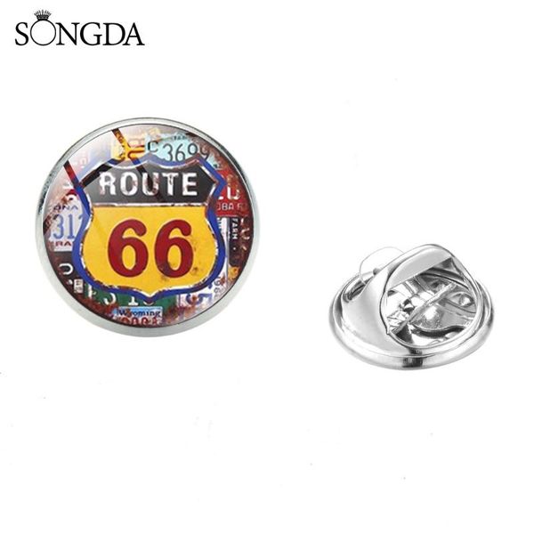 

pins, brooches classic us route 66 stainless steel pin hippie street style pattern glass dome lapel pins brooch clothes backpack badges, Gray