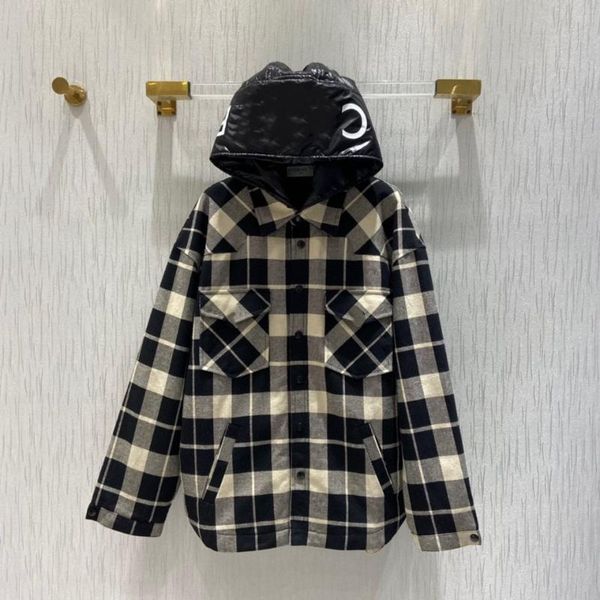 

women's jackets 2021 autumn and winter men's black white check hooded wool coat hat detachable thin cotton design, Black;brown
