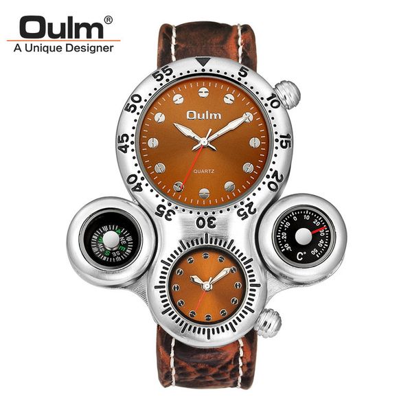 

watch oulm radium men's compass thermometer belt casual quartz 1149, Slivery;brown
