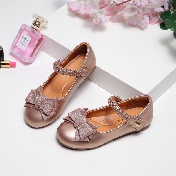 

flat shoes girls leather children genuine flats wedding party princess sweet bow-knot kids dress, Black;grey