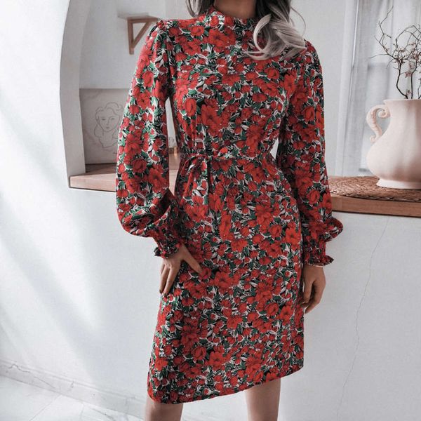 

spring 2021 casual dresses floral stand collar lantern long sve chiffon drs, Black;gray
