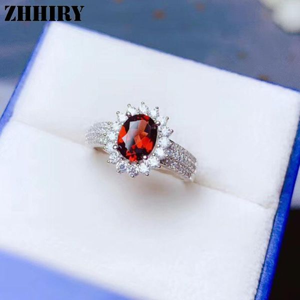 

cluster rings zhhiry real natural garnet ring 925 sterling silver for women red color gemstone 6*8mm fine jewelry, Golden;silver