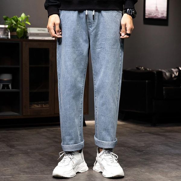 

men's jeans straight loose pants trend korean casual all-match hong kong wind elastic tight light color wide legs large size, Blue
