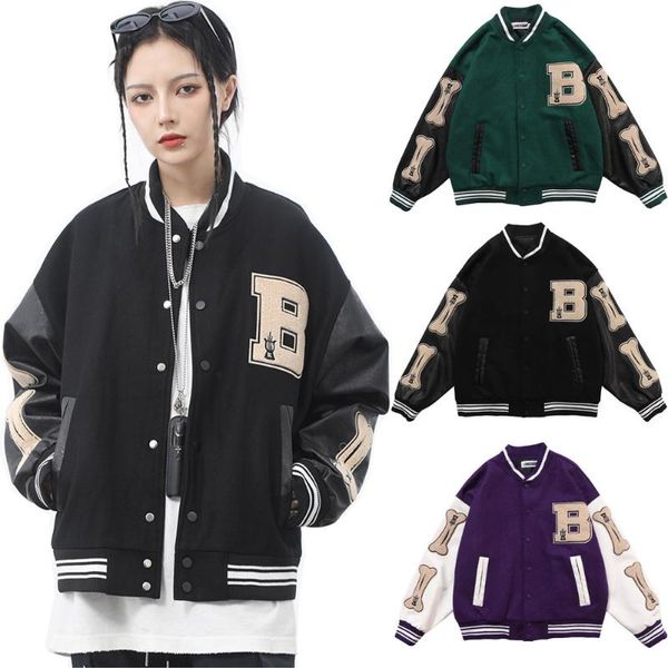 Gilet da uomo 2021 Hip Hop Giacche da baseball da uomo Furry Bone Patchwork Color Block Cappotti bomber stile college da donna Harajuku