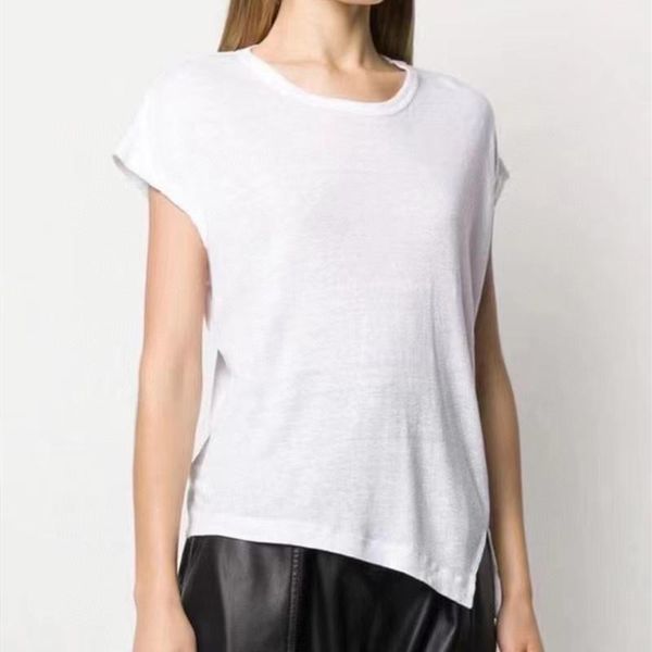 

women's t-shirt 100% linen women and irregual side split short sleeve tee loose causal 2021 spring summer female clothes, White