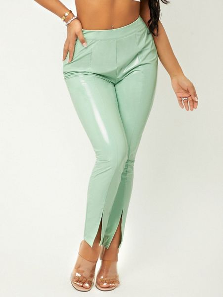 

sxy zipper fly split hem pu leather pants j5qu#, Black;white