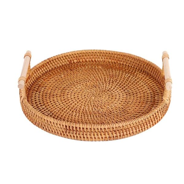 

storage baskets rattan tray, round basket with handle, hand-woven, tray wicker bread fruit breakfast display l
