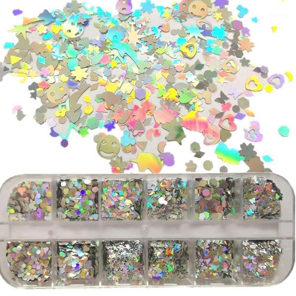 

12grids/set nail sequins glitter ab color mix shape 3d paillette powder charm art decoration manicure tools1, Silver;gold