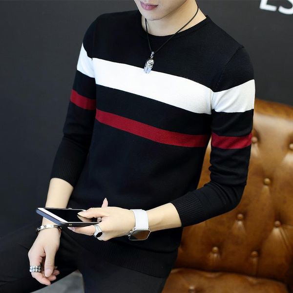 

men's sweaters fashion men black clothes winter preppy style wool cotton striped o-neck sweater coats regular rainbow, White;black