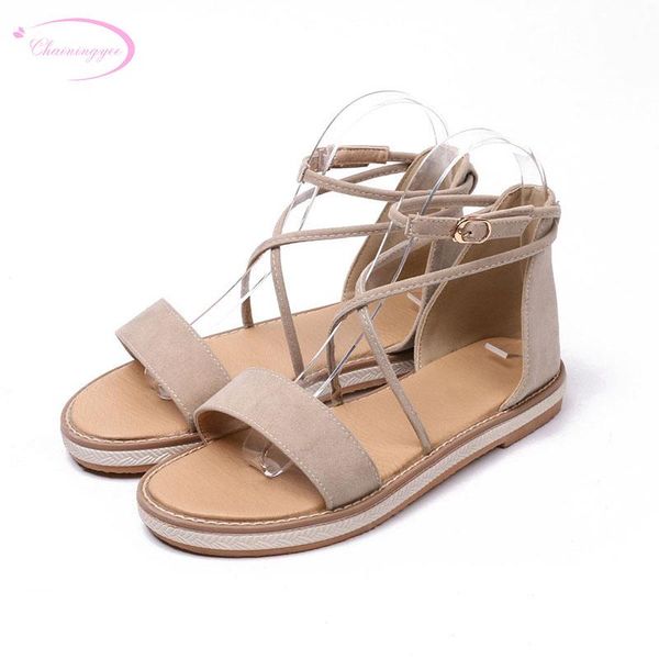 

chainingyee sweet party summer cool sandals fashion belt buckle decoration beige brown black flat with women's shoes big size
