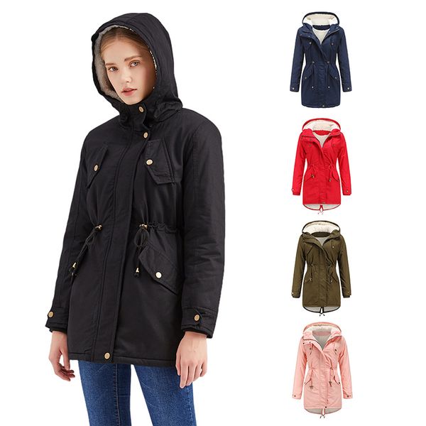

autumn winter warm women's jacket thick oversized loose cold proof hoodie solid color plus velvet mid length hooded jacket, Black;brown