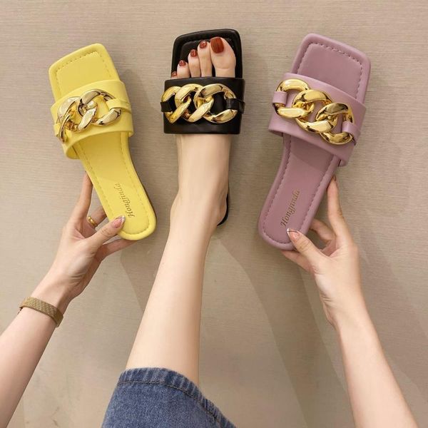 

low shoes woman 2021 slippers casual rivet pantofle square toe luxury soft flat pu leisure slides fabric metal decoration ba, Black