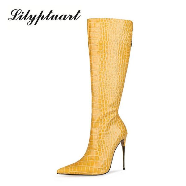 

boots brand women fashion high heels knee faux leather pointed toe thin heel winter warm female yellow, Black